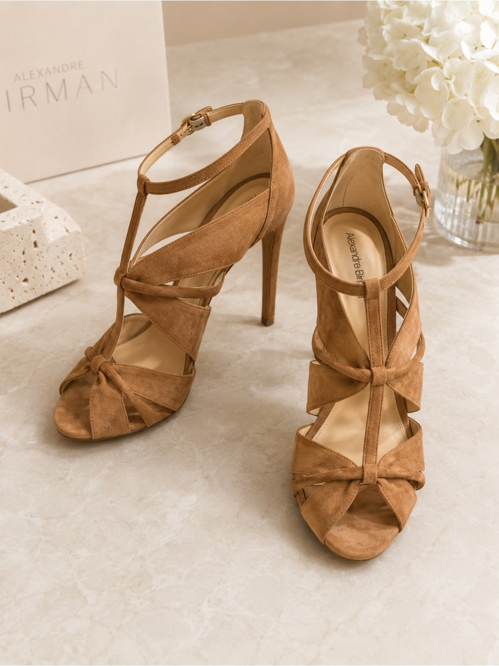 Alexandre Birman Cognac Suede Knotted T-Strap Stiletto Sandals EU 39.5 US 9